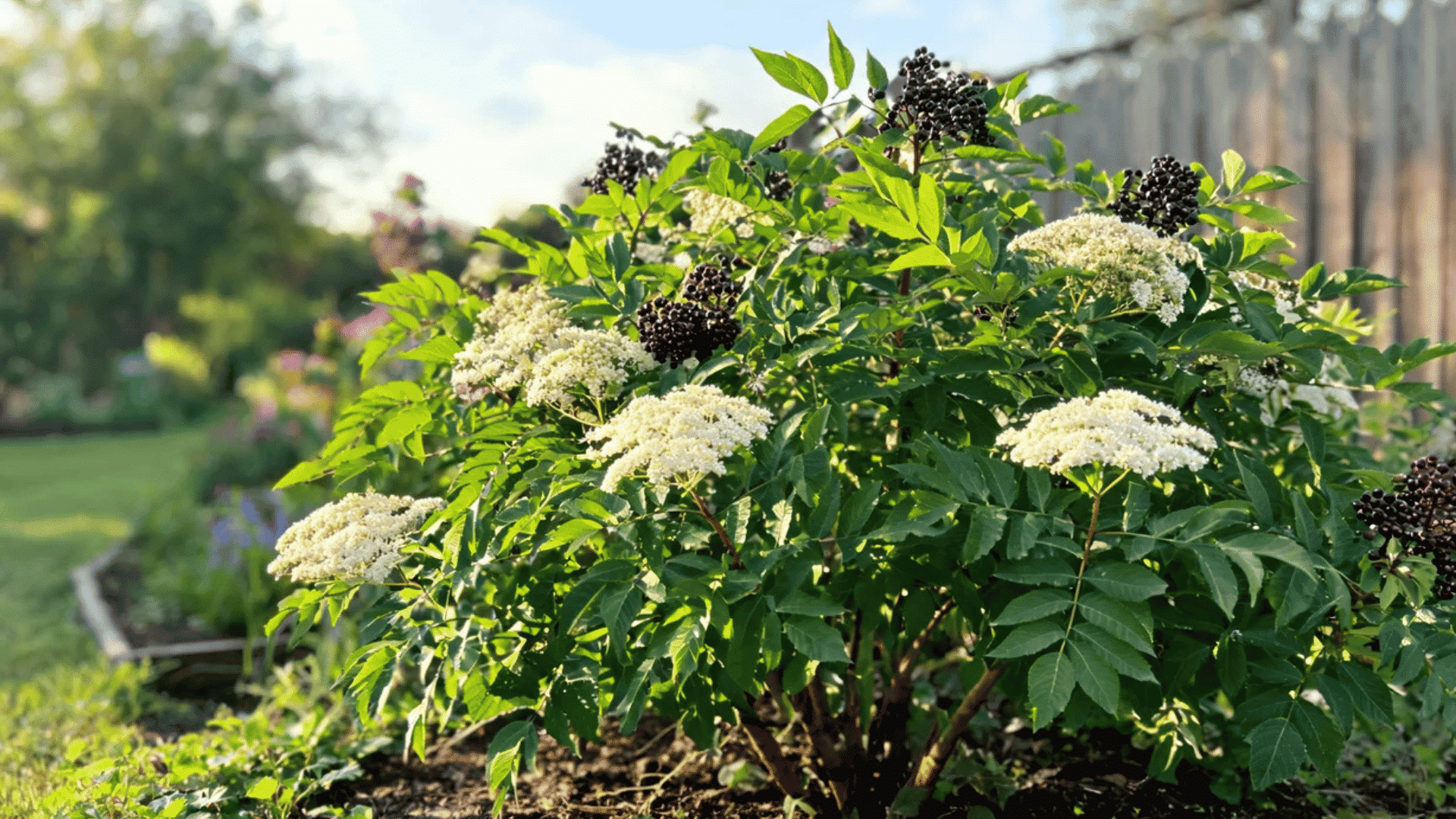sambucus canadensis growing guide with white flowers and dark berries in garden