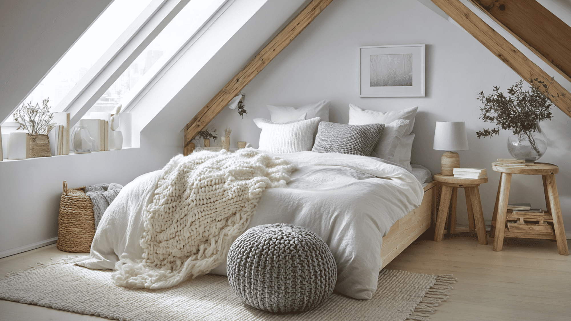 scandinavian attic bedroom with light wood and neutral colors