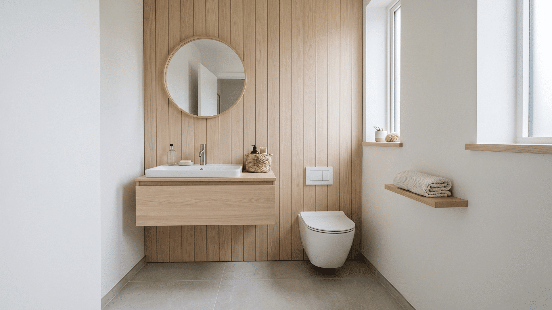 scandinavian light wood guest bathroom with white walls wood accents bright clean front view (1)