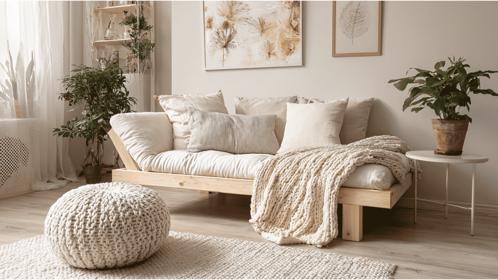 scandinavian small living room with white wooden daybed, layered linen cushions, knit throw, and dual-purpose guest bed