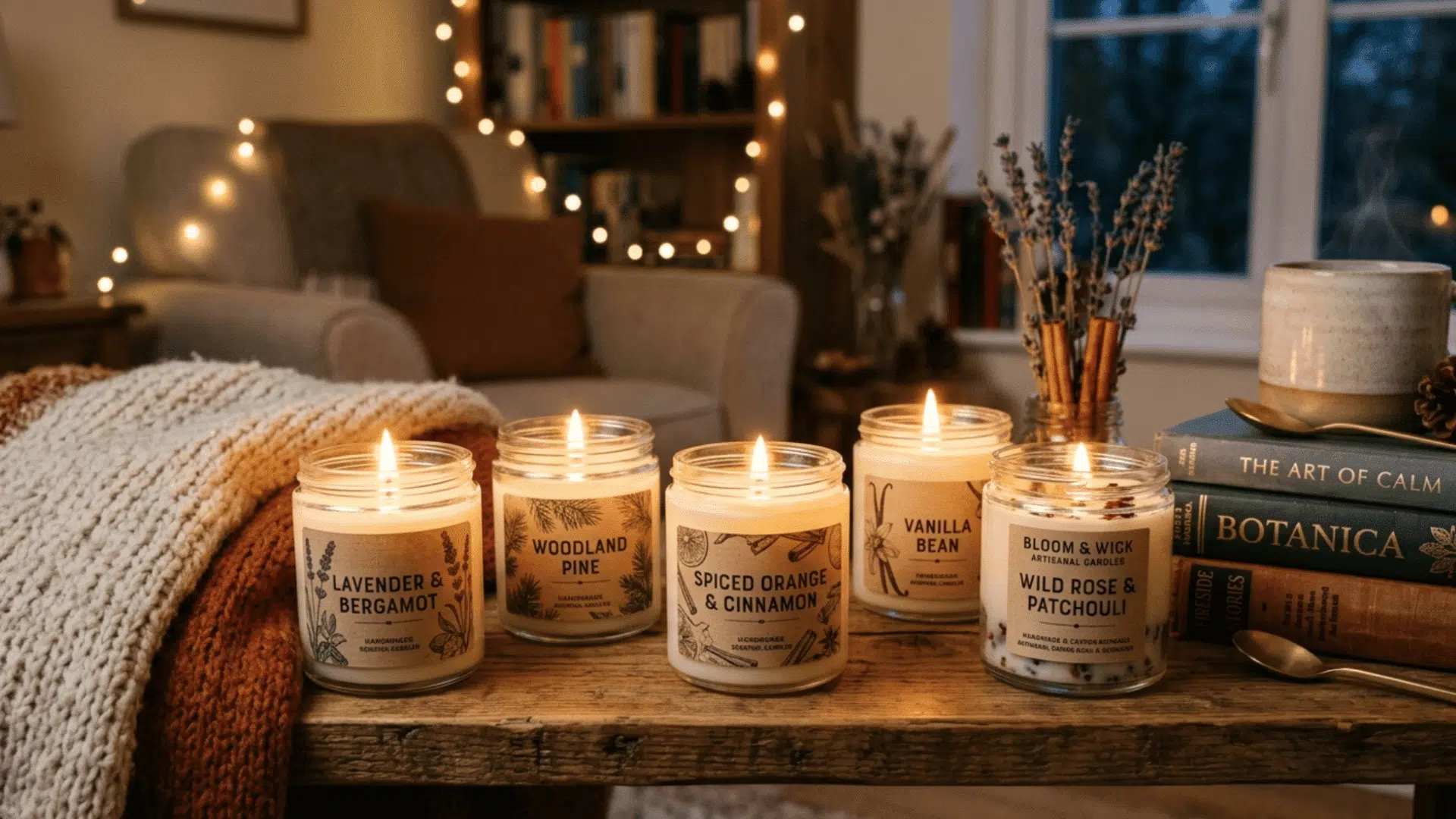 scented candles in glass jars glowing softly on table with warm and relaxing atmosphere