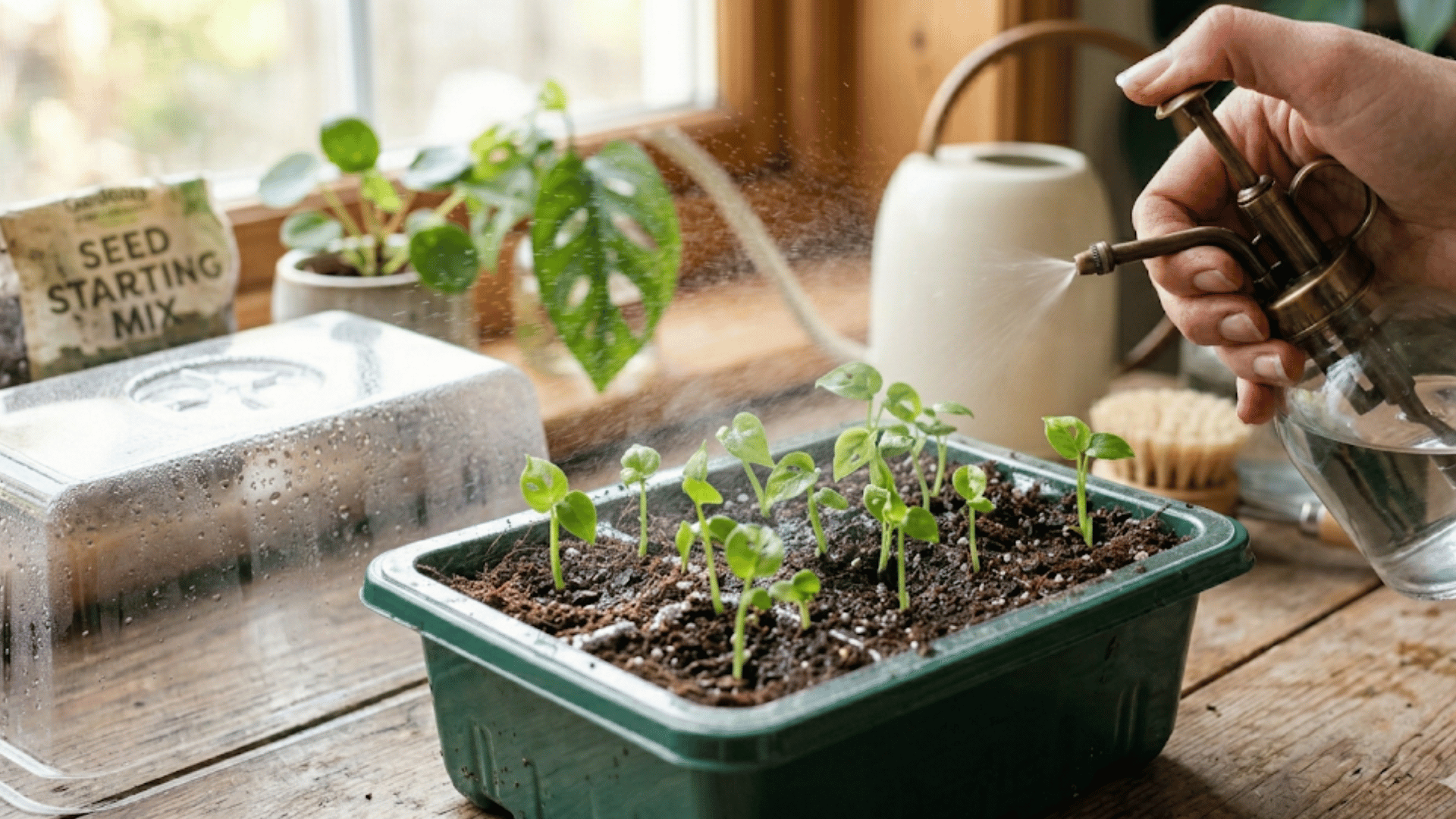 seedlings in a green tray being misted by a hand holding a vintage brass spray bottle.