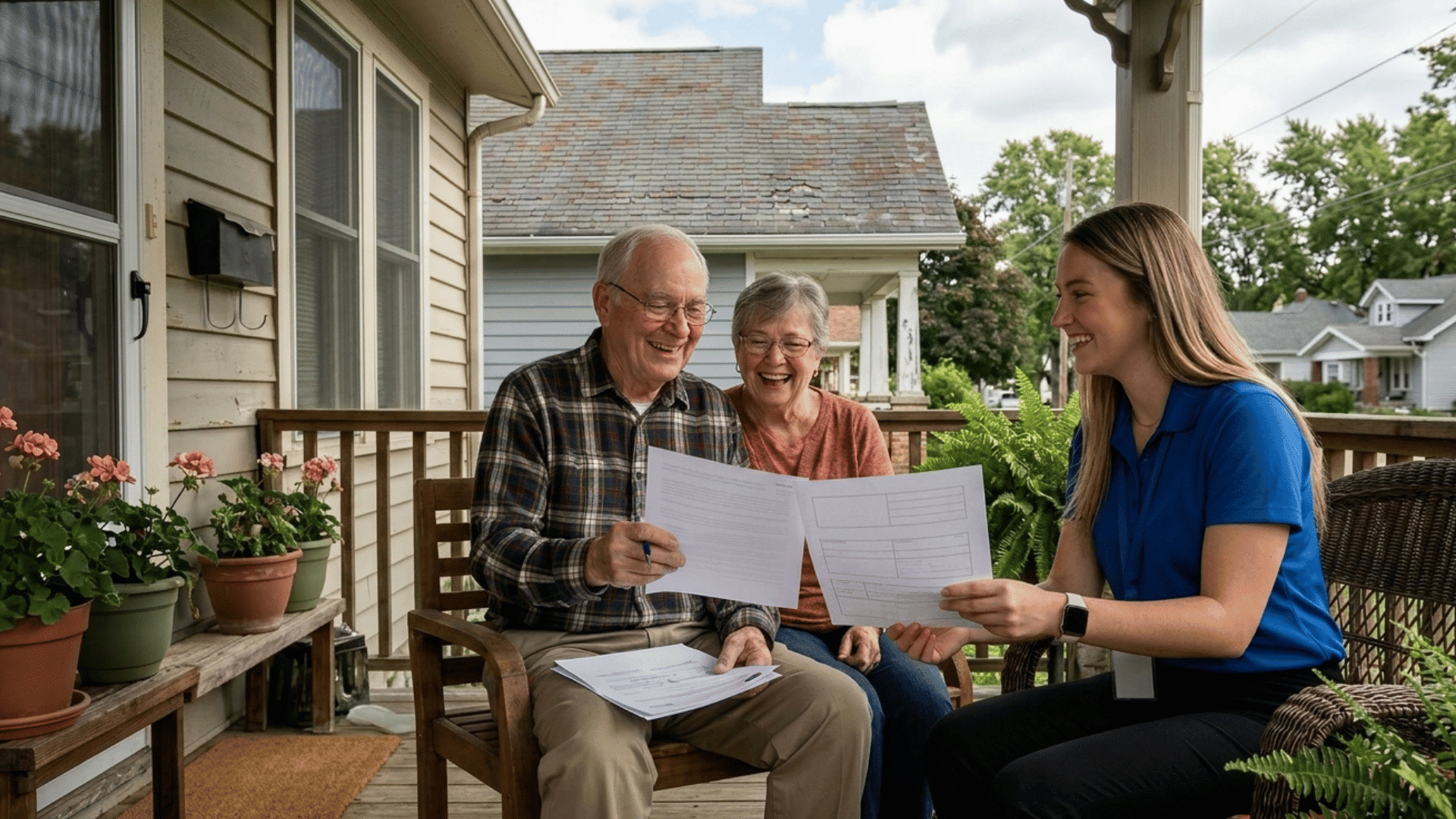 senior couple reviewing grant paperwork with advisor on porch after roof repair.