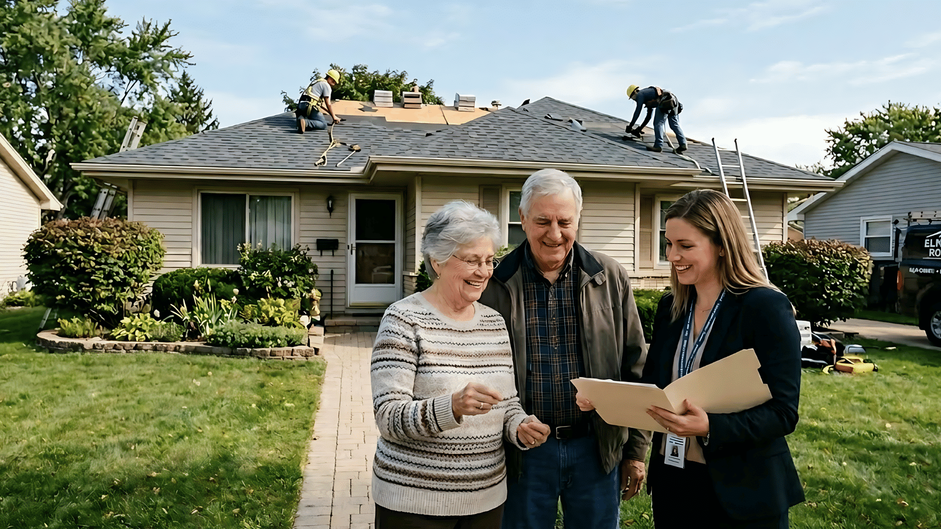 senior couple reviewing roof repair documents with contractor while workers replace roof.