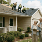 senior homeowners watching roof replacement work being done on their house.