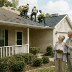 senior homeowners watching roof replacement work being done on their house.