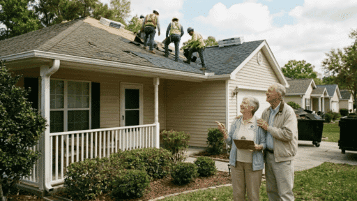 senior homeowners watching roof replacement work being done on their house.