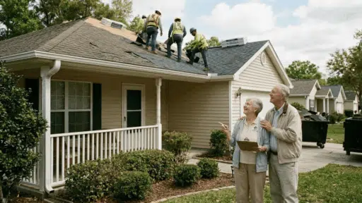 senior homeowners watching roof replacement work being done on their house.