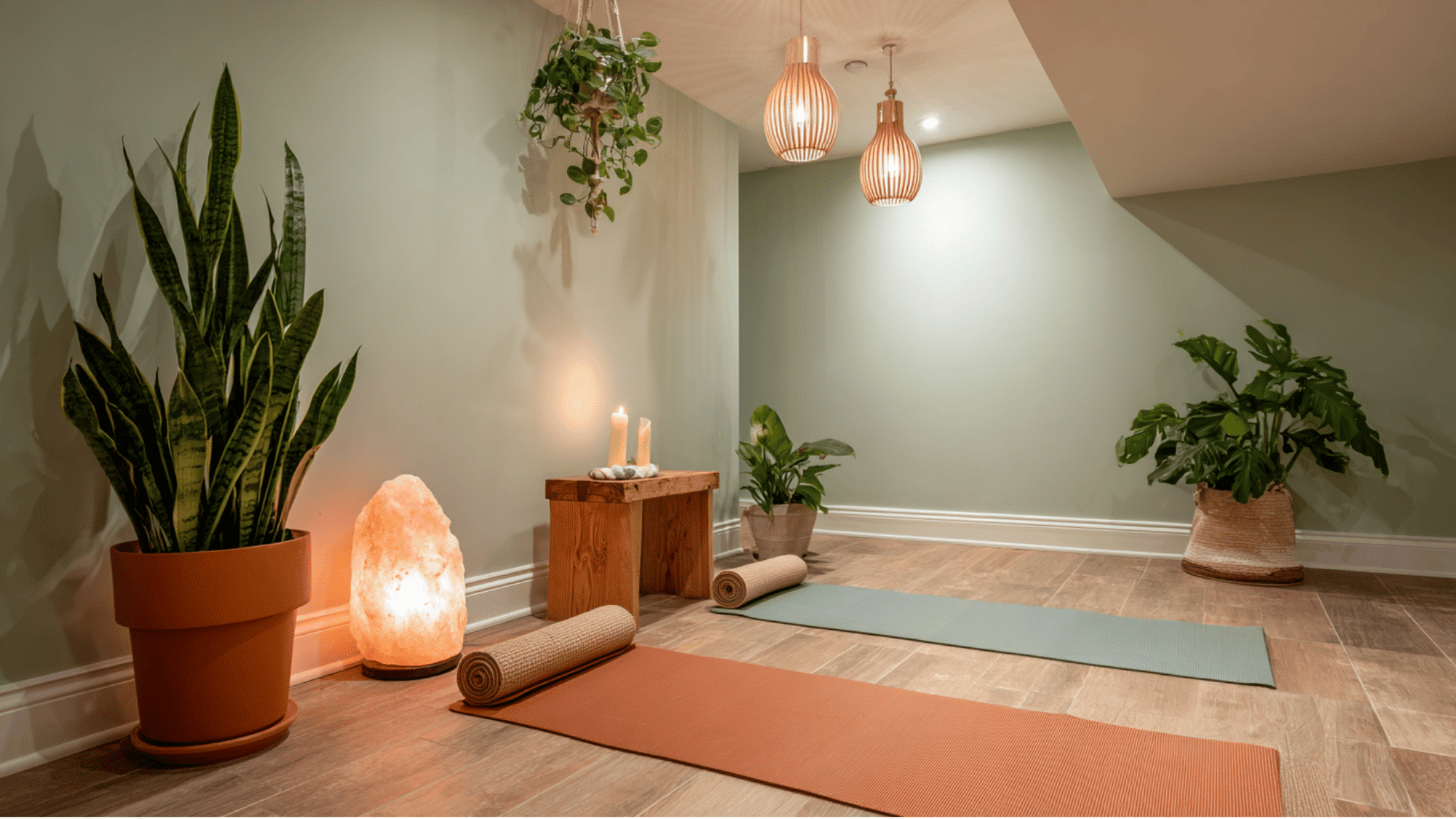 serene basement yoga and meditation room with bamboo flooring, sage green walls, indoor plants, Himalayan salt lamp, and soft warm lighting