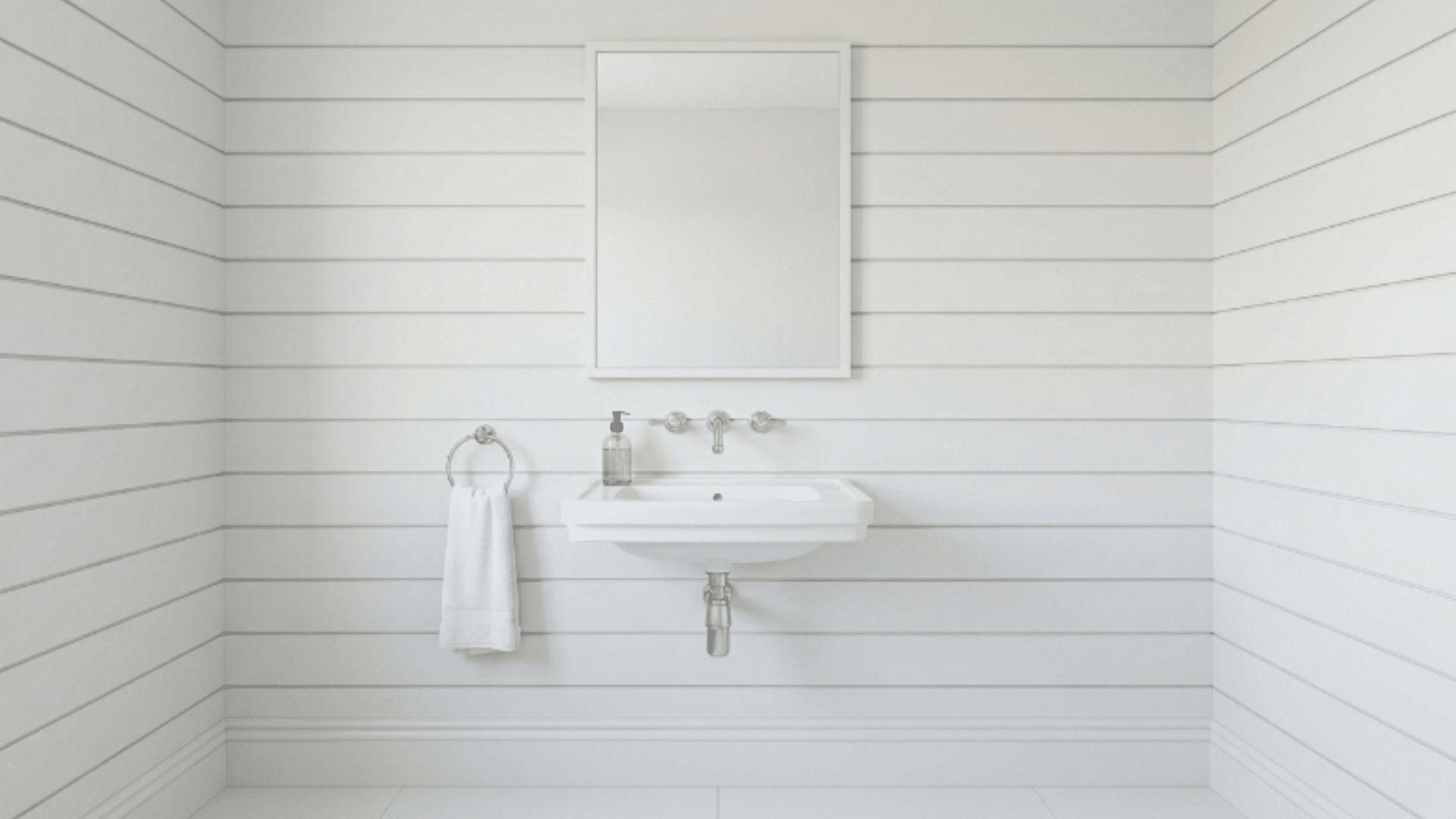 shiplap paneled guest bathroom with classic white walls clean styling front view
