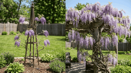 side-by-side comparison of American and Chinese wisteria, showing compact growth on one side and dense, aggressive vine spread on the other