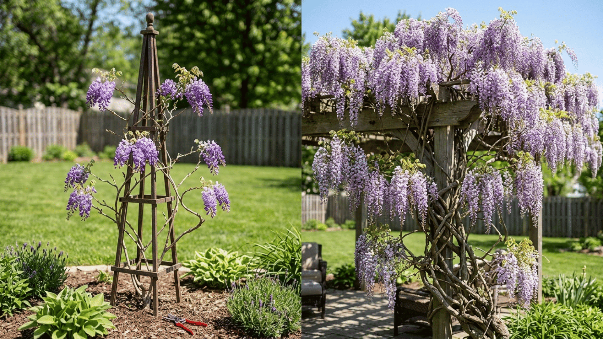 side-by-side comparison of American and Chinese wisteria, showing compact growth on one side and dense, aggressive vine spread on the other