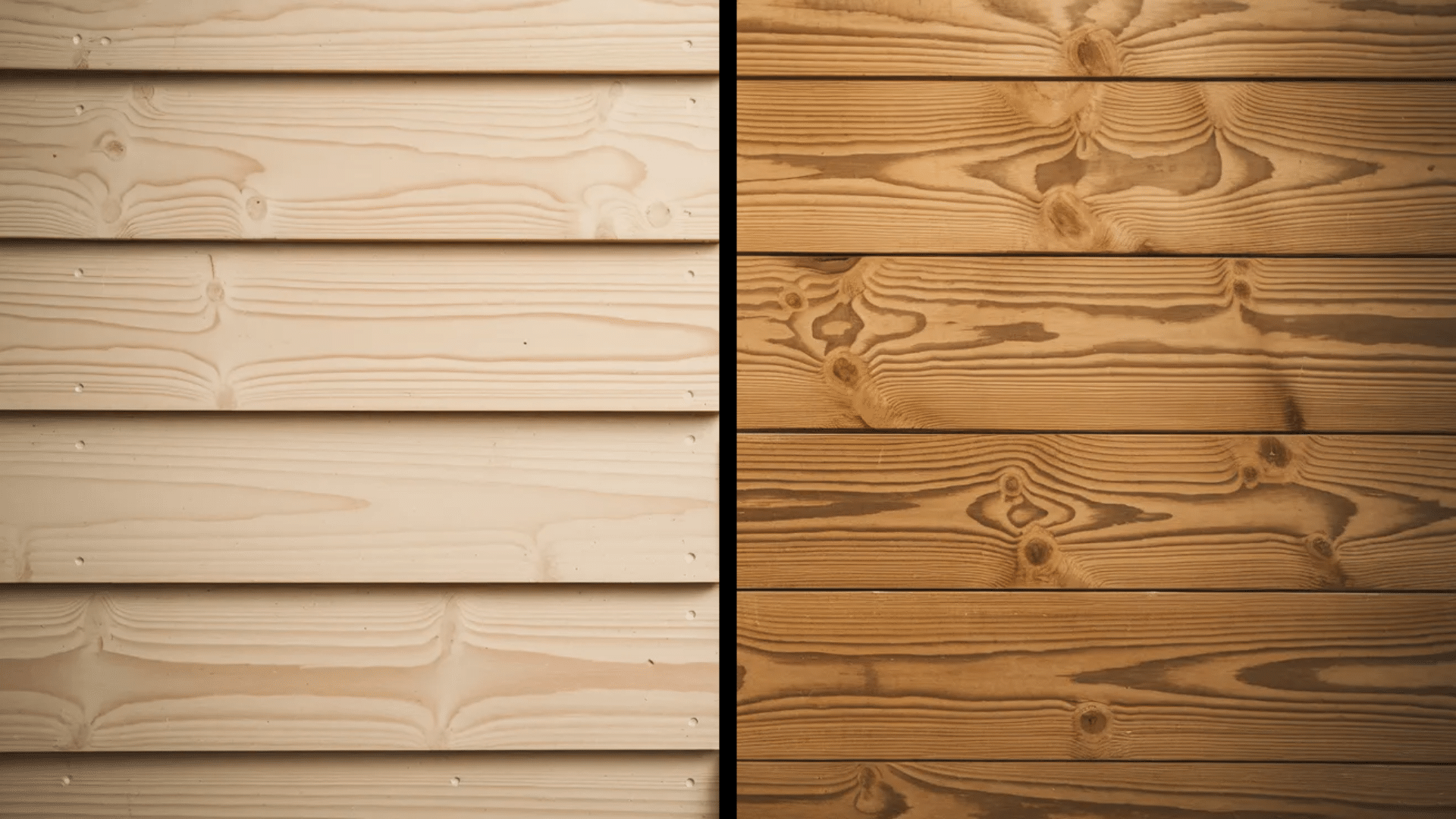 side by side comparison of light unfinished wood siding and darker stained wood boards showing grain and texture differences (1)