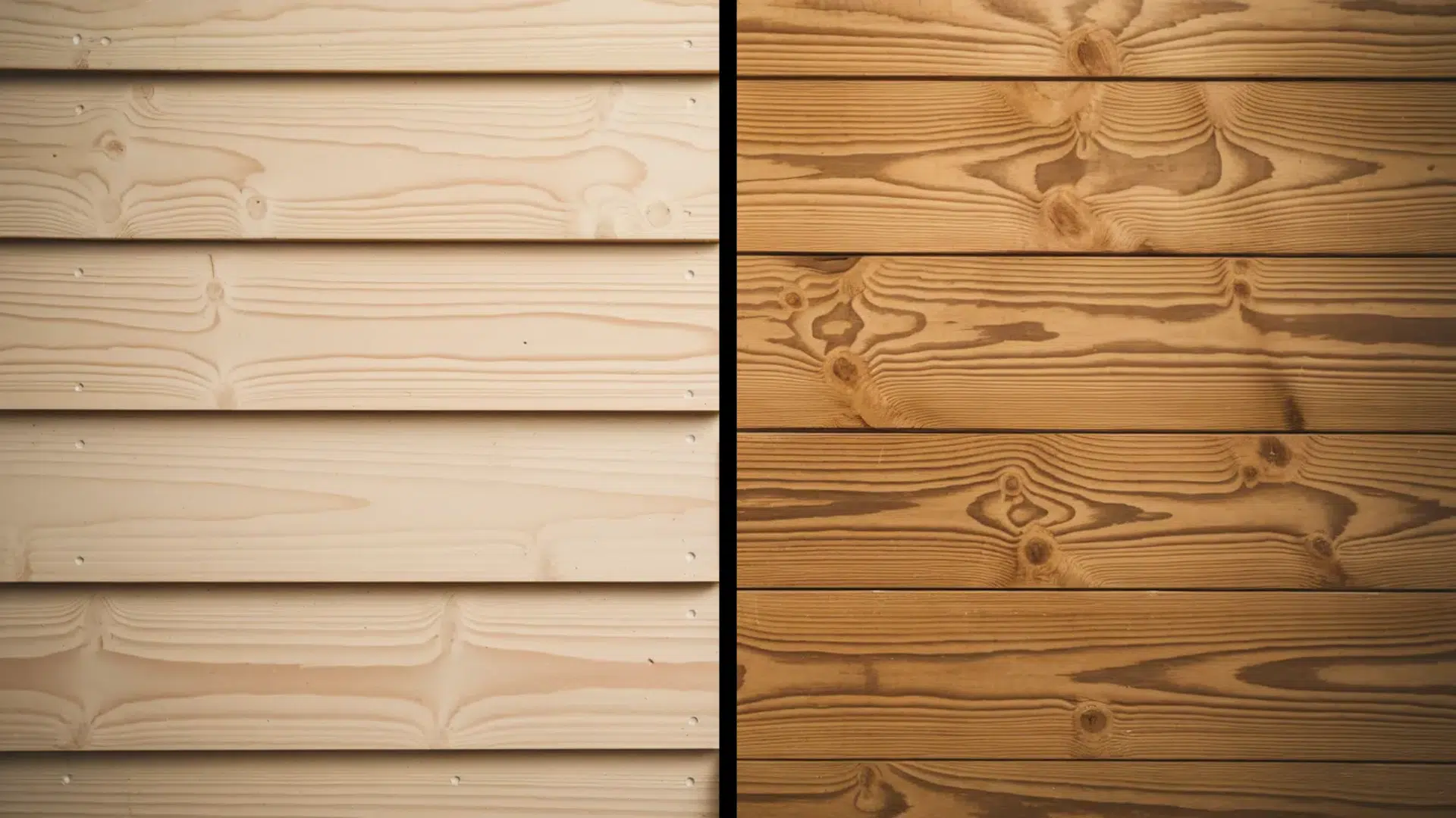 side by side comparison of light unfinished wood siding and darker stained wood boards showing grain and texture differences (1)