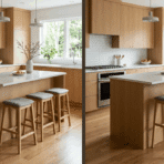 Side by side kitchens showing counter height seating on one side and bar height seating on the other with different stool heights