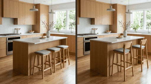 Side by side kitchens showing counter height seating on one side and bar height seating on the other with different stool heights