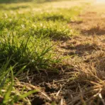 side-by-side lawn comparison of dormant yellow grass and completely dead brown grass with patchy, uneven texture