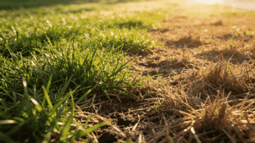 side-by-side lawn comparison of dormant yellow grass and completely dead brown grass with patchy, uneven texture