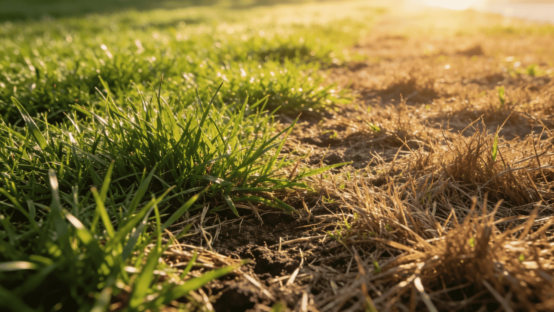 side-by-side lawn comparison of dormant yellow grass and completely dead brown grass with patchy, uneven texture
