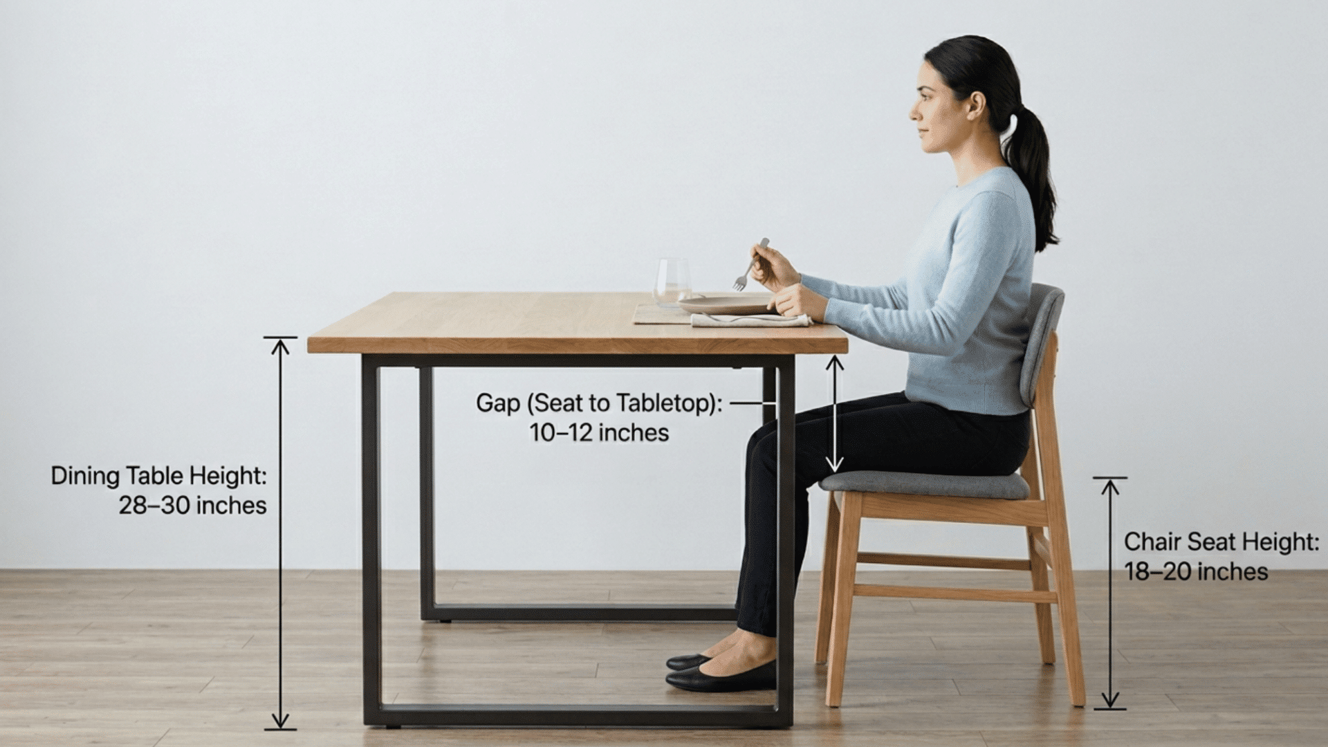 side view of person sitting at dining table with labeled height measurements for table, chair, and seat to tabletop gap
