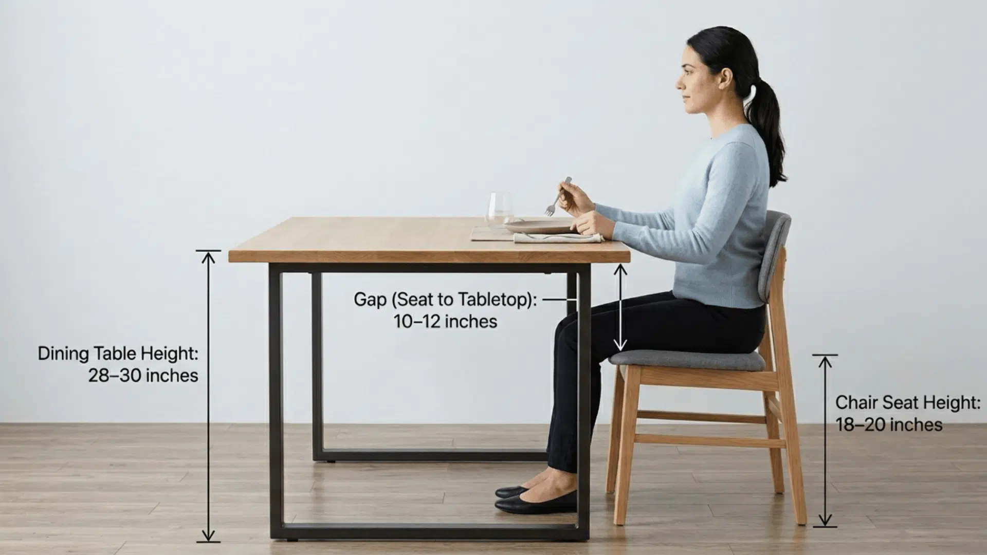 side view of person sitting at dining table with labeled height measurements for table, chair, and seat to tabletop gap