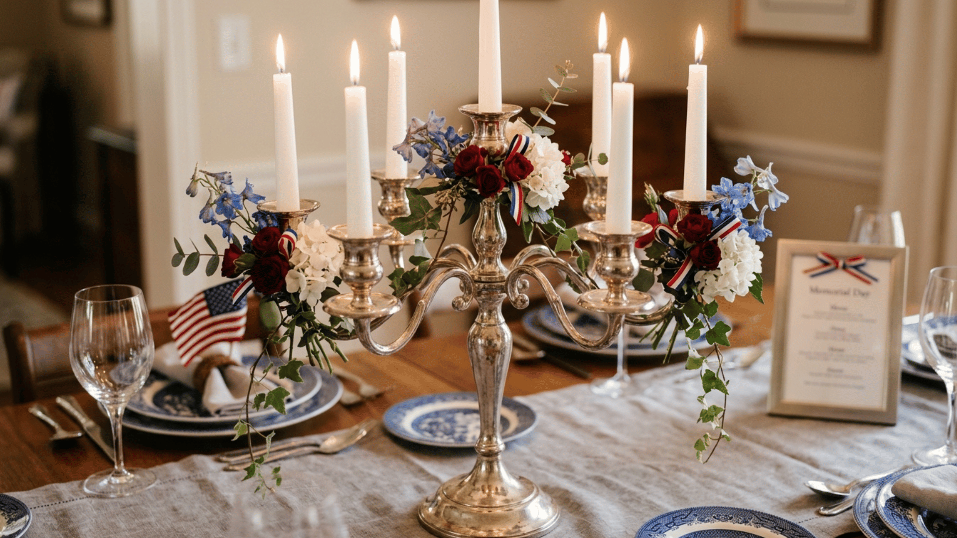 silver candelabra centerpiece with candles and patriotic floral accents.