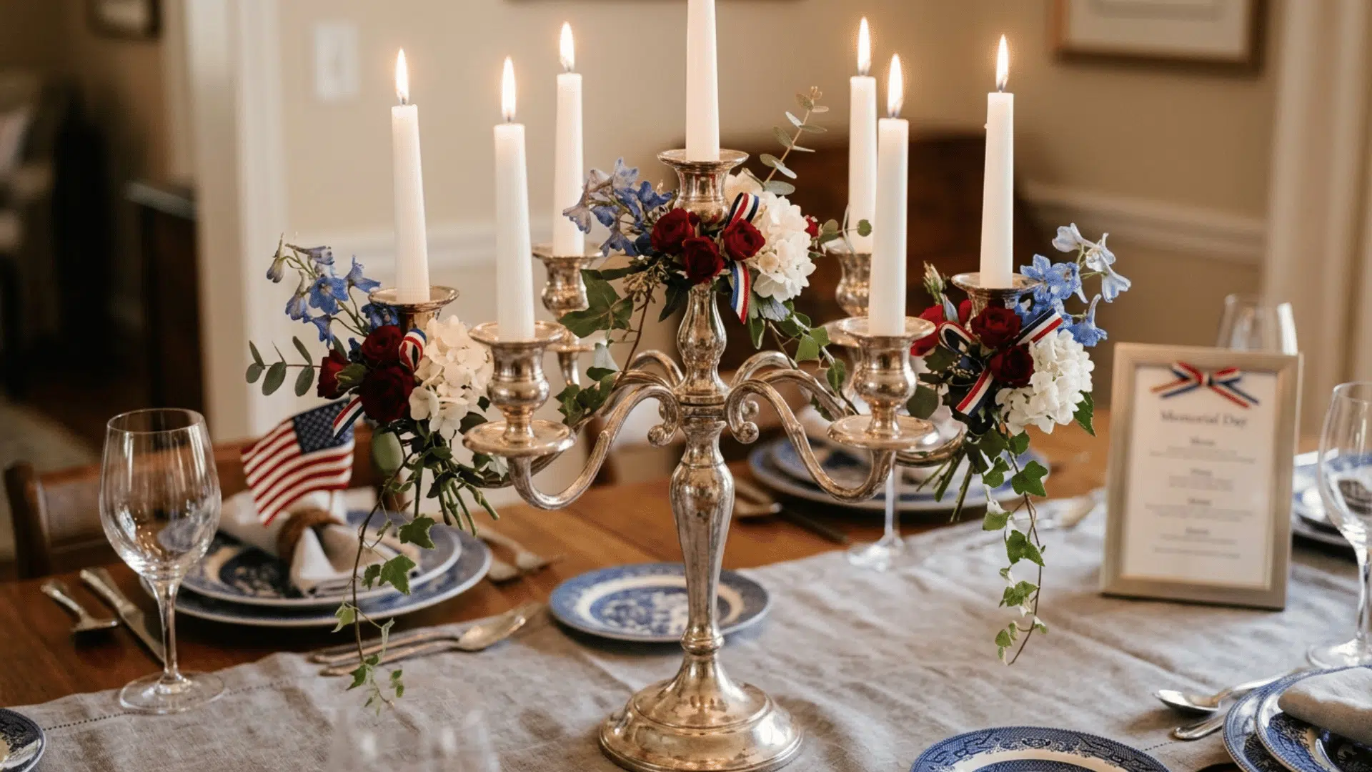 silver candelabra centerpiece with candles and patriotic floral accents.