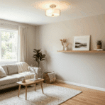 simple home improvements ideas for living room with painted walls floating shelves and natural lighting