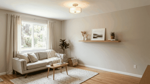 simple home improvements ideas for living room with painted walls floating shelves and natural lighting