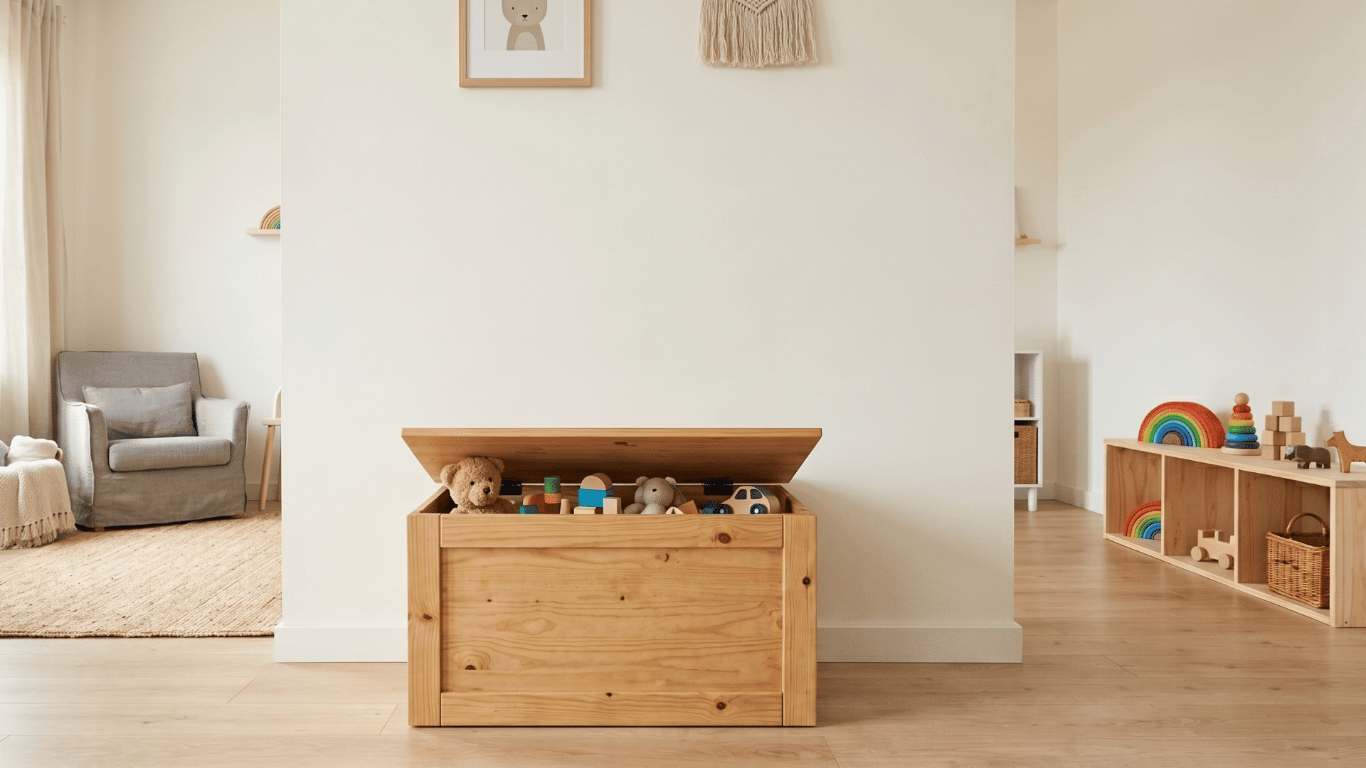 simple toy chest slightly open toys inside clean floor soft light uncluttered playroom setup