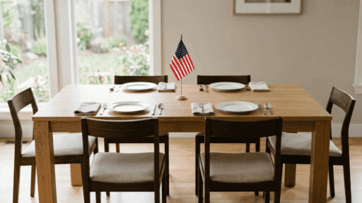 single flag at center, neutral plates, clean minimal setup, soft light
