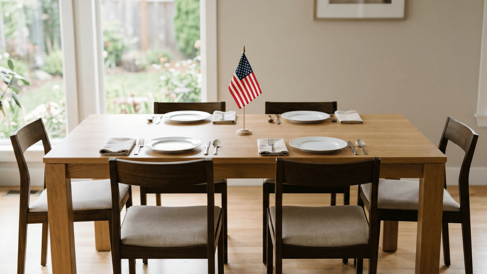 single flag at center, neutral plates, clean minimal setup, soft light
