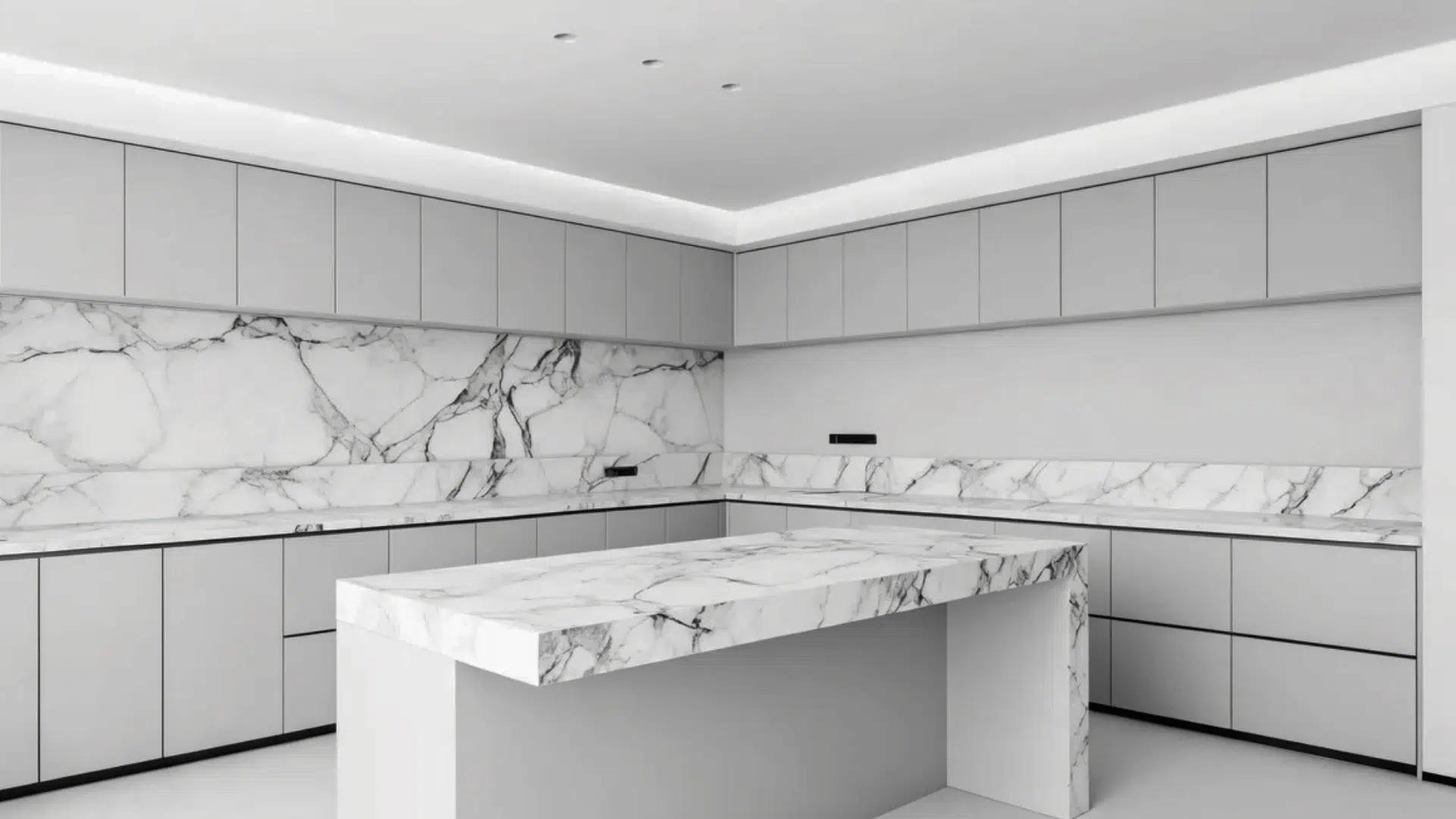 sleek white kitchen with marble countertops and large kitchen island