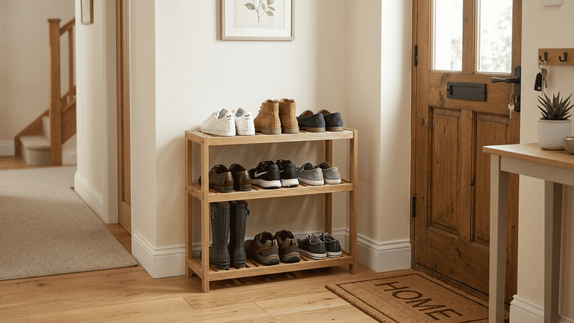 slim three tier wooden shoe rack placed near front door with pairs of shoes arranged neatly on each tier