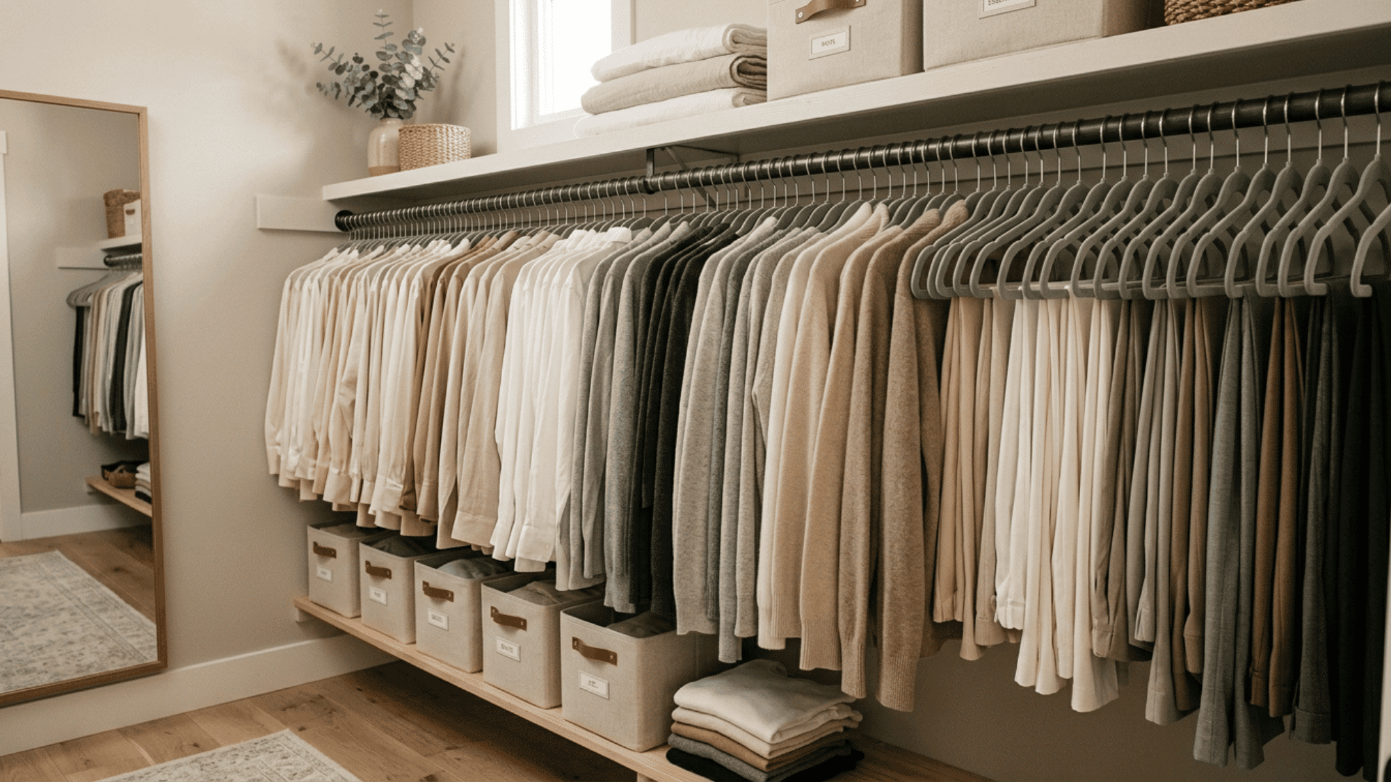 slim velvet hangers as a simple DIY small closet idea to maximize rod space.