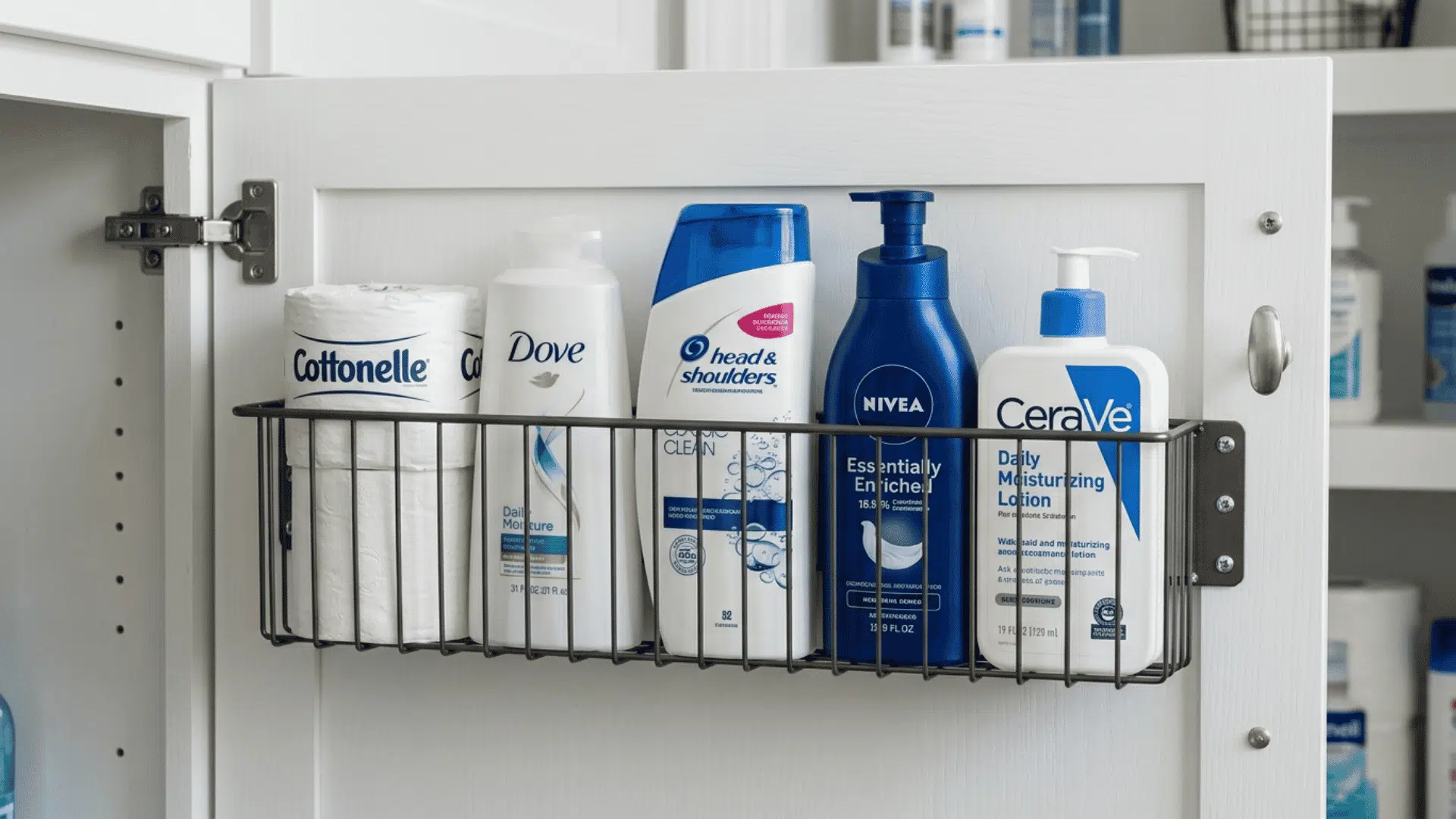 slim wire basket mounted on the inside of a bathroom cabinet door having backup shampoo and large lotion bottles