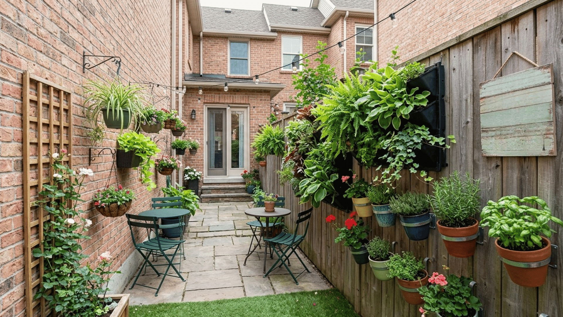 small backyard using vertical wall planters and hanging pots for space saving.