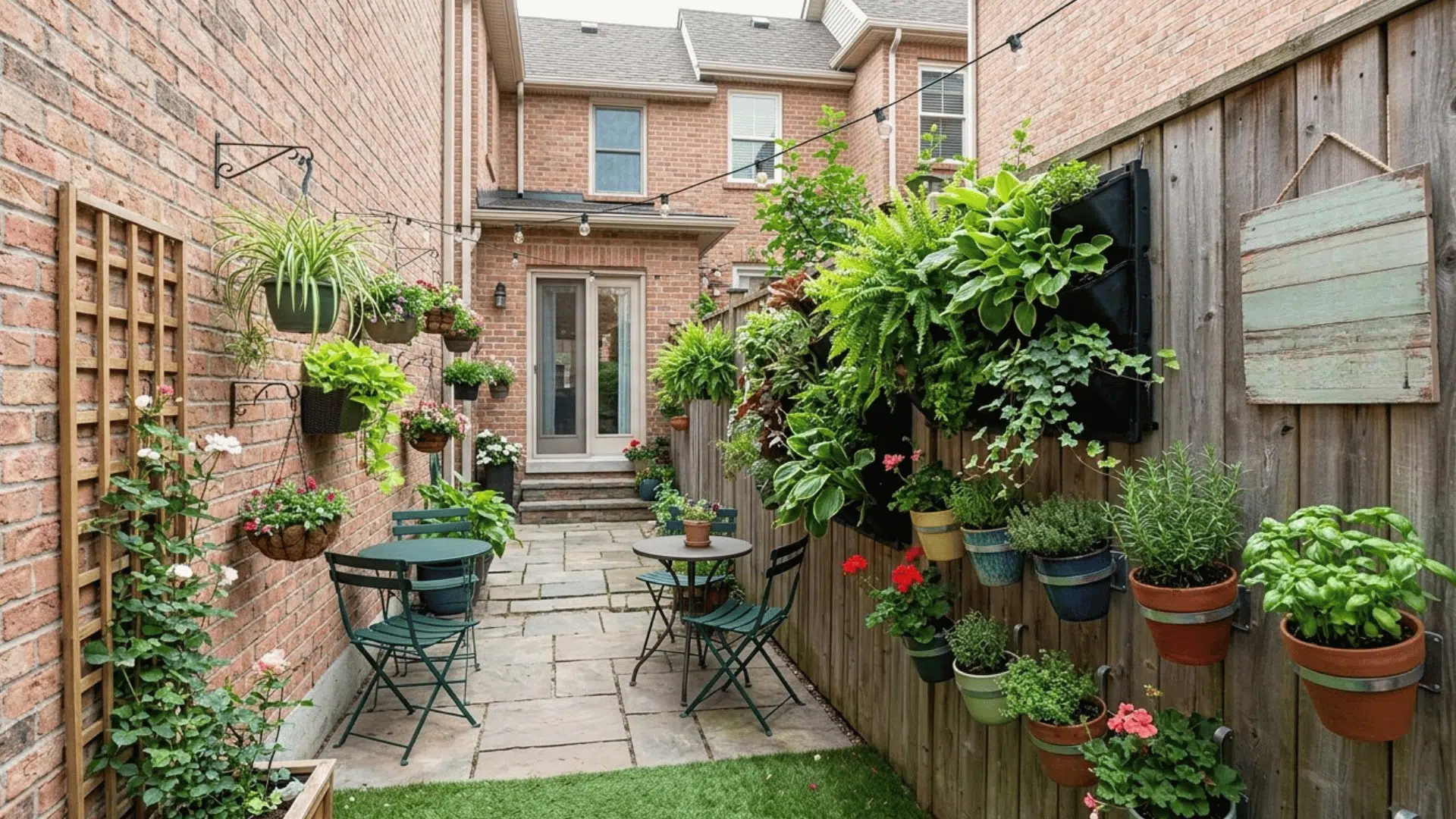 small backyard using vertical wall planters and hanging pots for space saving.