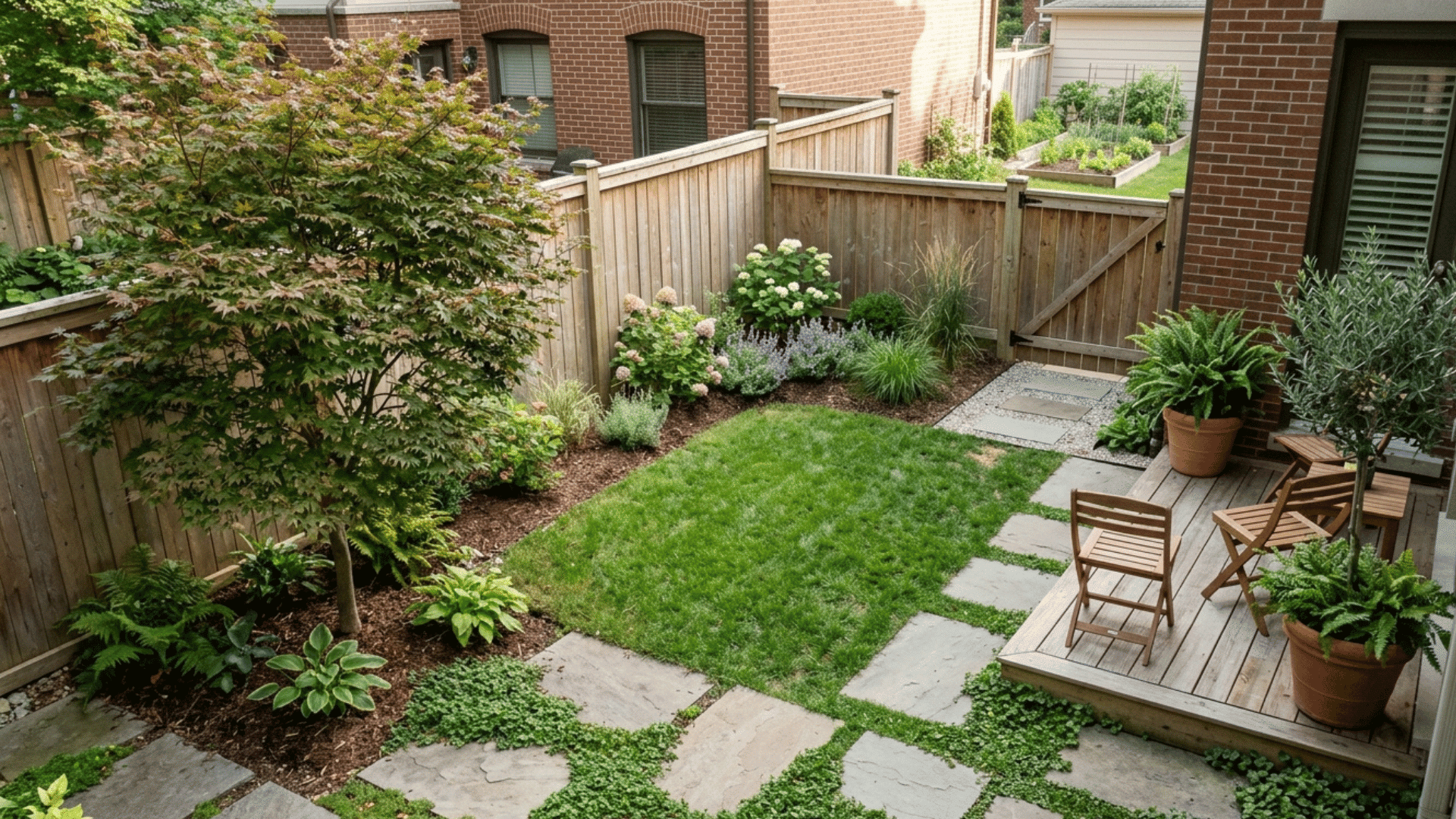 small backyard with balanced greenery and plants without overcrowding.