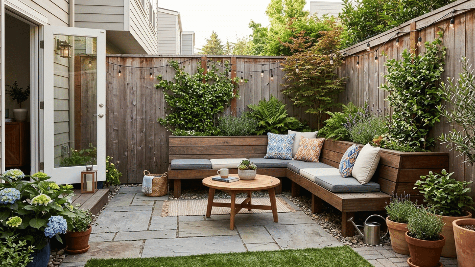 small backyard with built-in wooden seating and compact layout.