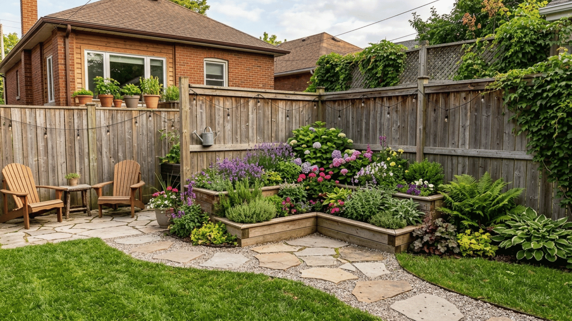 small backyard with corner garden setup, flowers, and seating area.