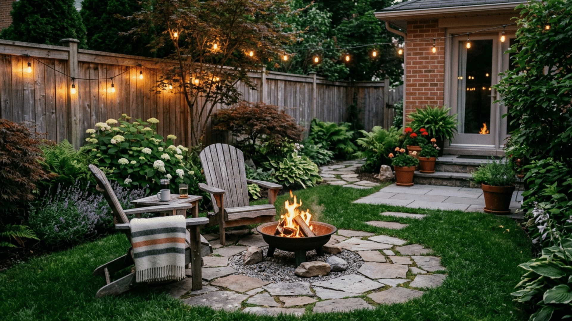 small backyard with fire pit, chairs, greenery, and string lights at night.