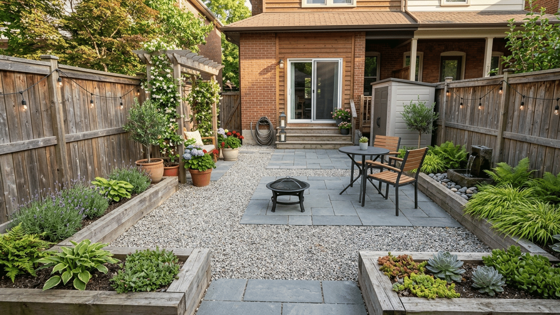 small backyard with gravel, pavers, raised beds, and simple patio layout.