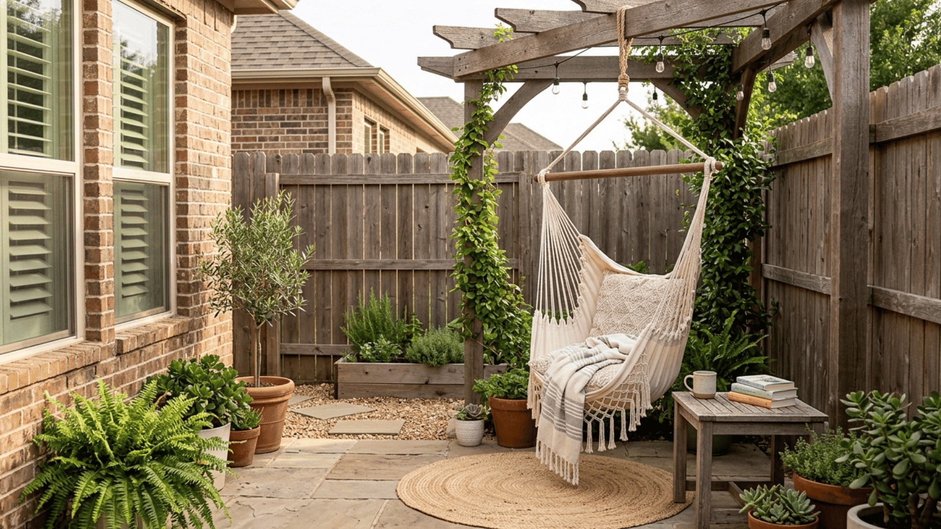 small backyard with hammock chair, pergola, and cozy seating corner.