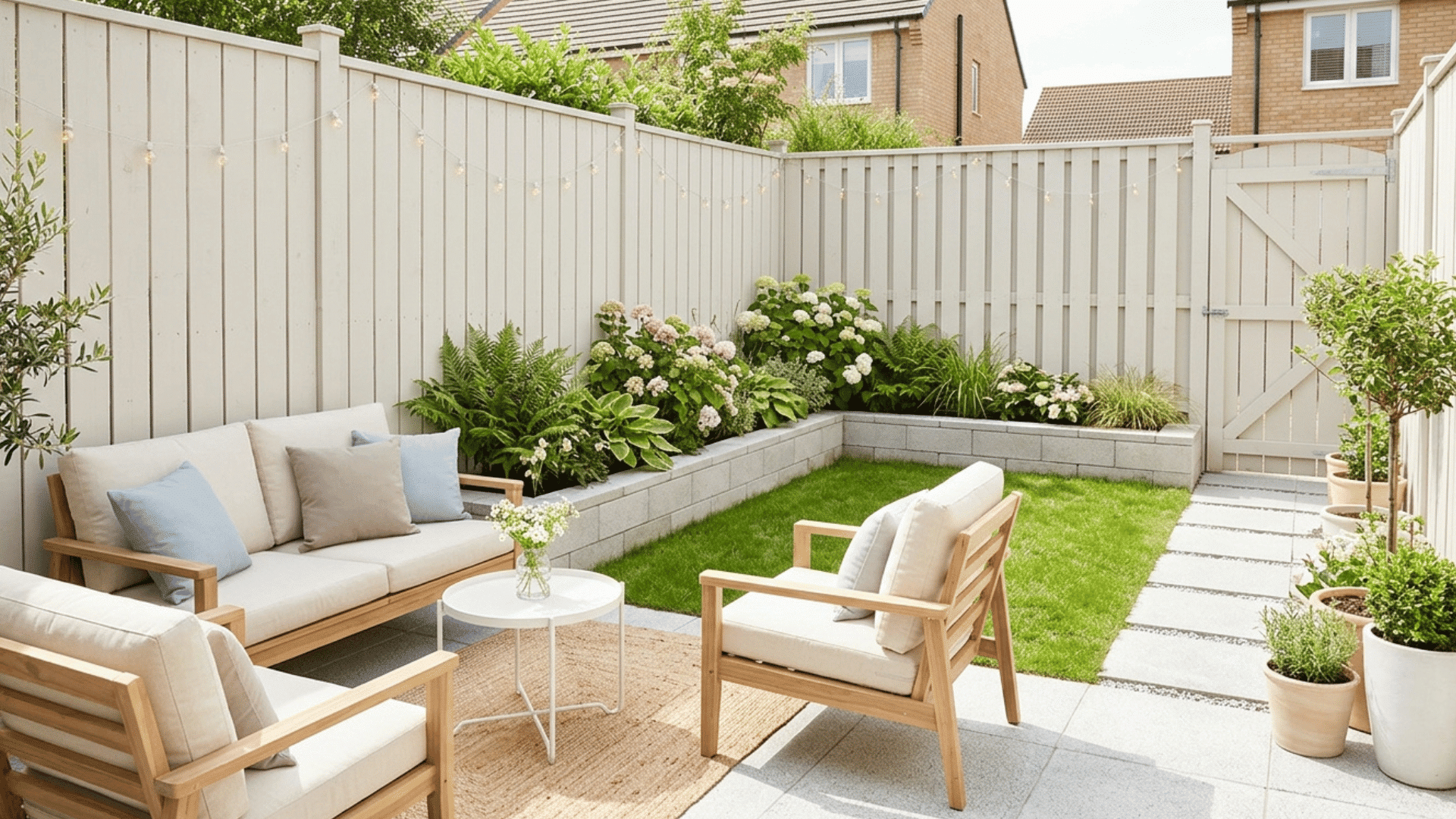 small backyard with light colors, neutral tones, and simple seating area.