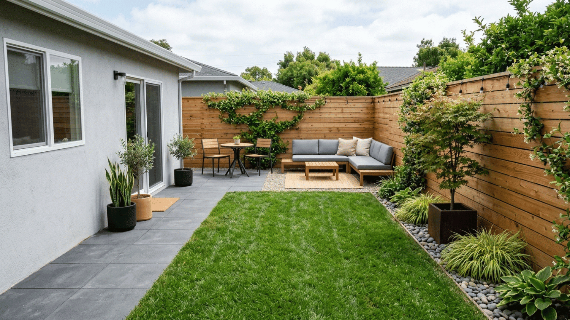 small backyard with minimal design, clean layout, and simple seating area.