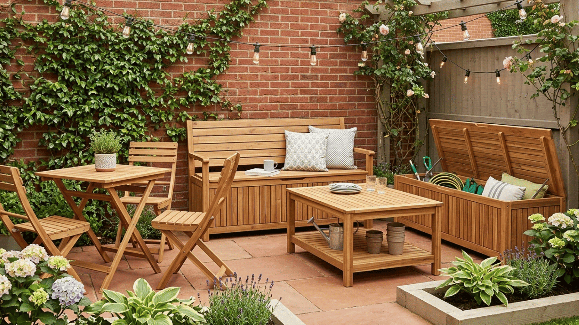 small backyard with multi-functional wooden furniture and storage bench.