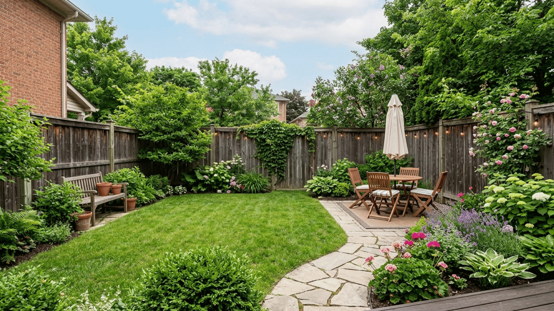 small backyard with open lawn space, garden beds, and seating area.