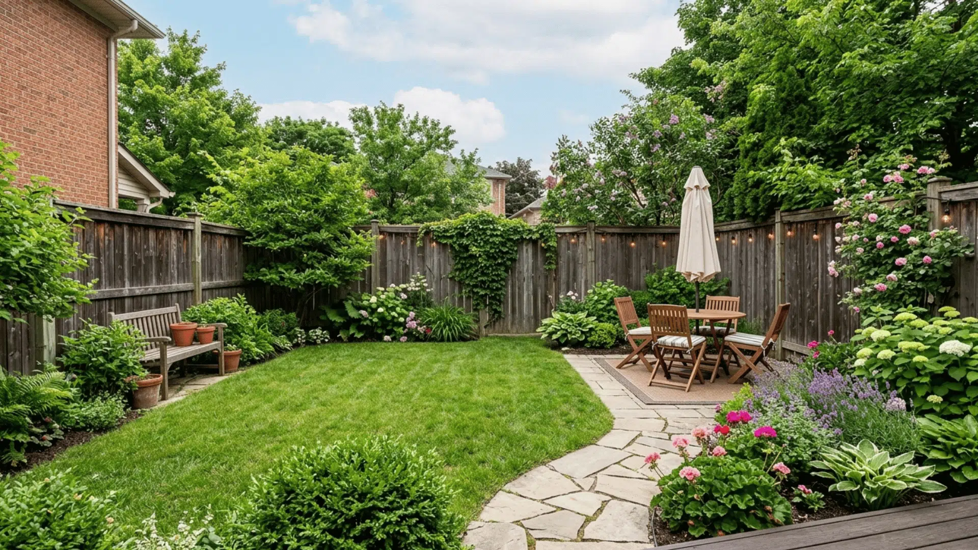 small backyard with open lawn space, garden beds, and seating area.