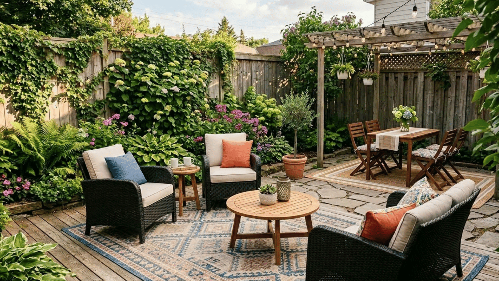 small backyard with outdoor rug, seating area, and defined zones.